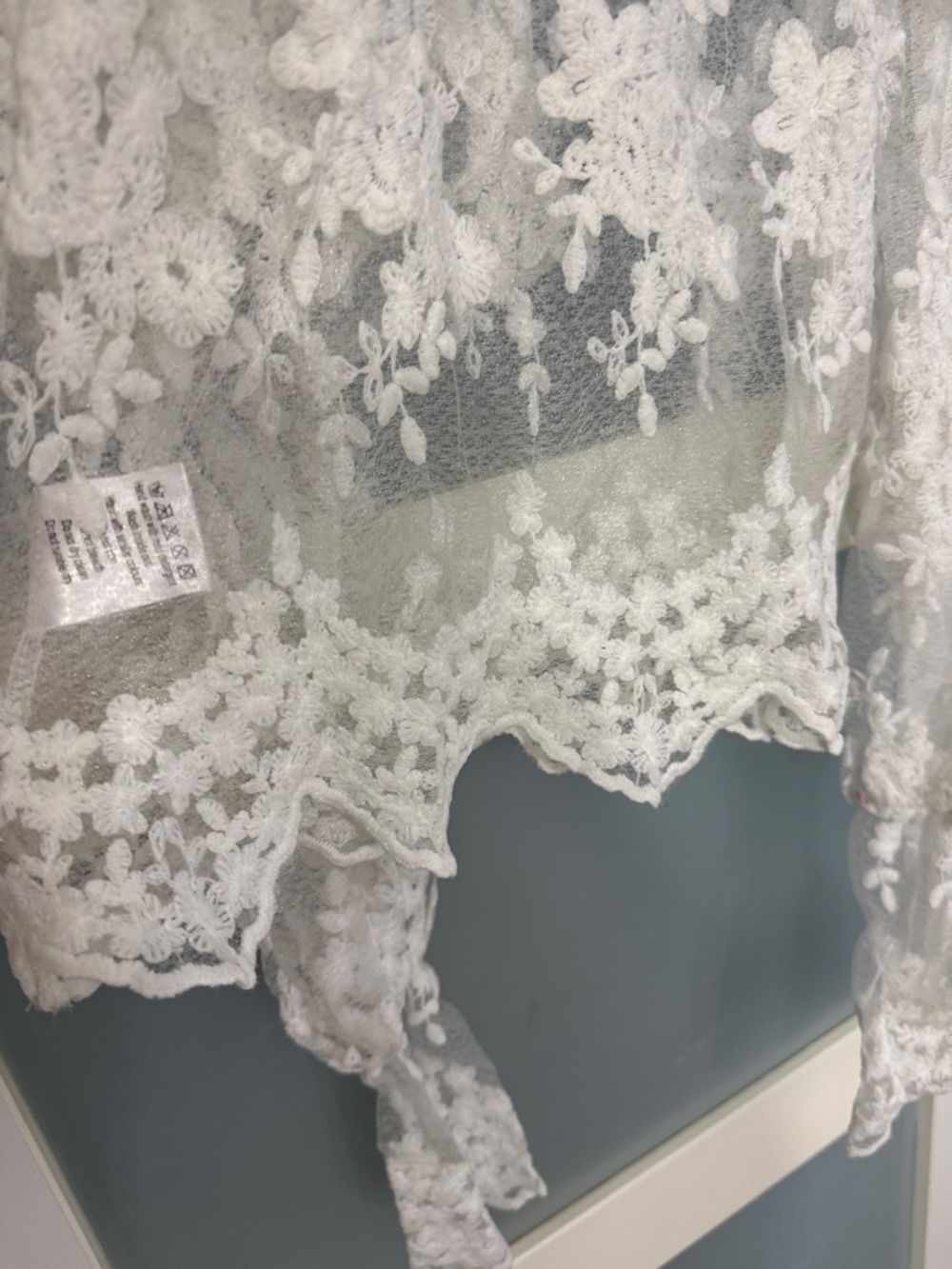 Sheer White Lace Bow-Neck Blouse - Picture 6 of 7